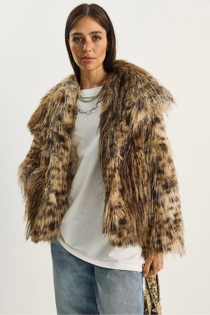 Blană artificială premium voluminoasă, căptușită, cu guler lat, cu model camel, pentru femei 7037 60283761