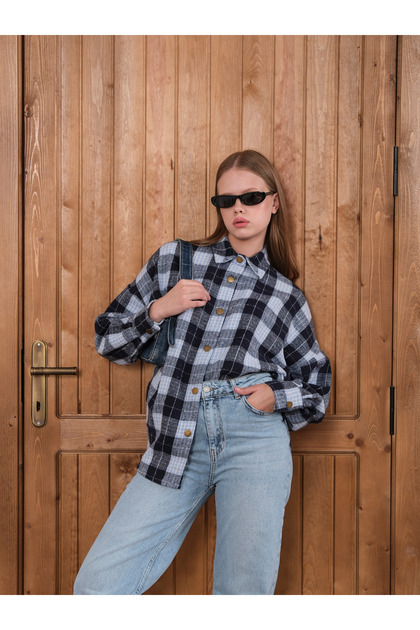 HOPE AND ME Oversized Plaid Patterned Blue Lumberjack Shirt- Trendyol