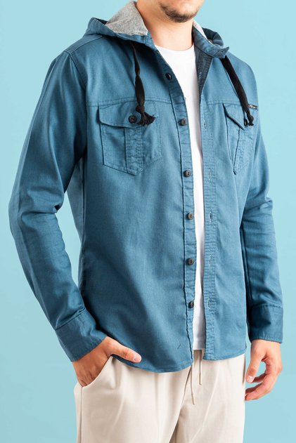 Erkek Slim Fit Kapüşonlu Kot Gömlek