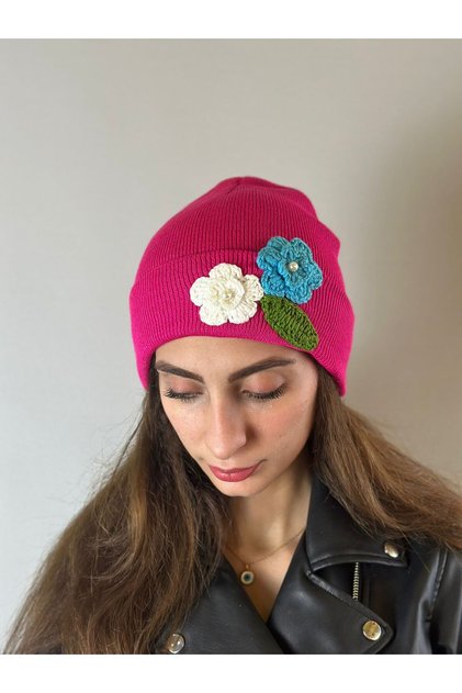 Hand Knitted Floral Embroidered Women's Beanie