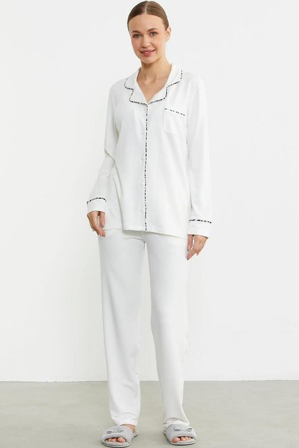 76444 Leopard Piped Buttoned Shirt Pajama Set