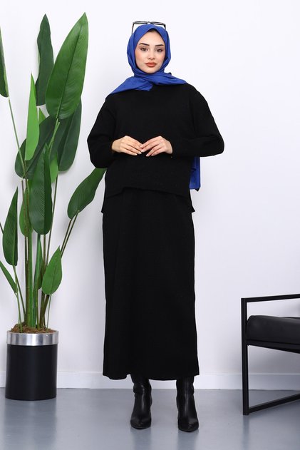 Black Shirt Collar Knitwear Skirt Set