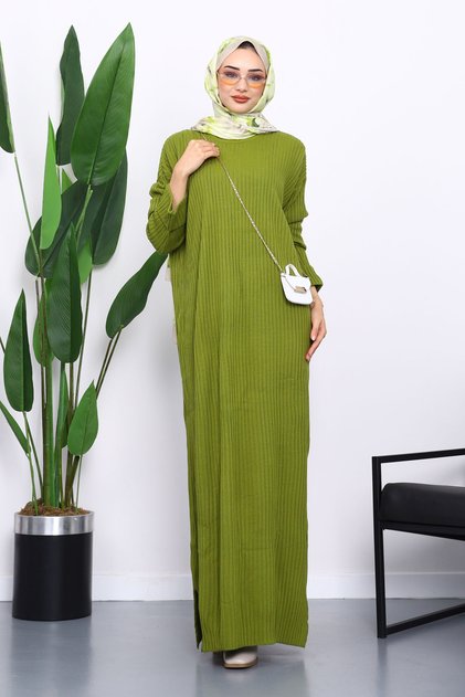 Green Crew Neck Side Slit Knitwear Dress