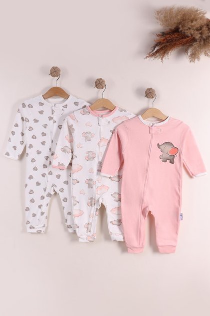 Pink Elephant Printed Zippered Girls' Jumpsuit Combed Cotton 100% Cotton Newborn Set of 3 Sleeping Suits (9 Months 12 Months 18 a