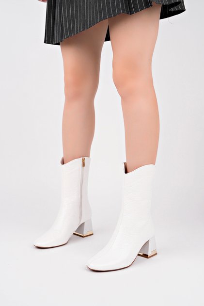Women's Snake Printed Patent Leather Heeled Boots 6.5 cm Thick Heel, Square Toe and Stylish Design with Gold Detail