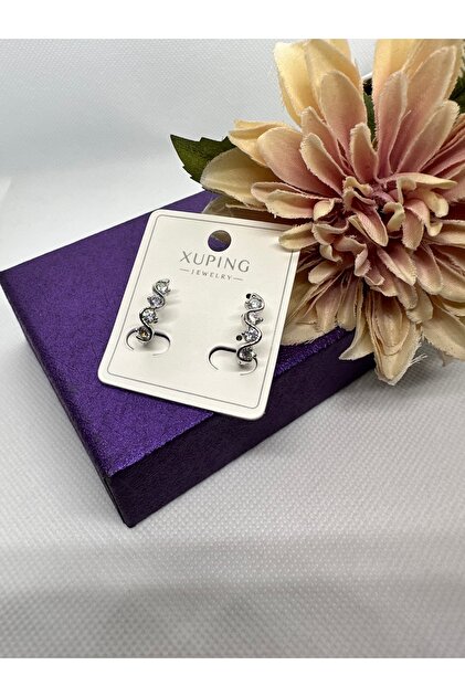 Zircon Stone Curved Silver Color Steel Earrings