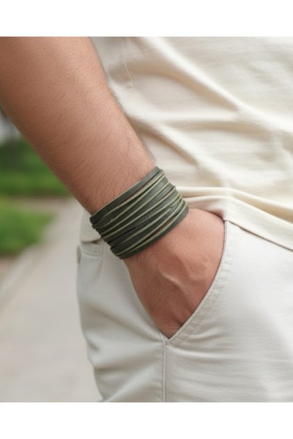 2-Piece Leather Bracelet Multi-Layer Design Khaki Green Genuine Leather Bracelet