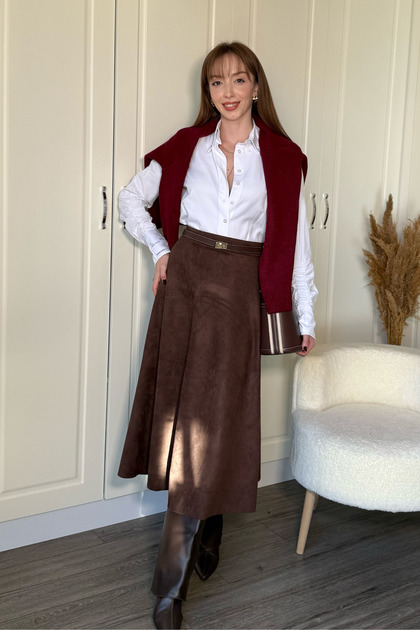 Suede Stylish Midi Brown Skirt