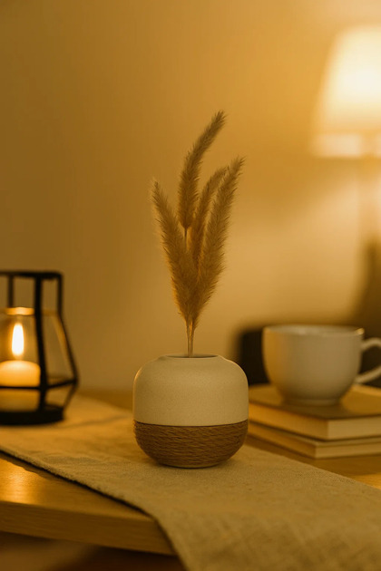 White Ceramic Round Rope Vase – Modern Decorative Flower Pot for Home and Office Décor