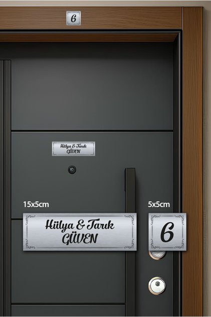 Gümüş Daire Kapı İsimliği – Kişiye Özel Paslanmaz Metal Plaka ve Kapı Numarası Seti