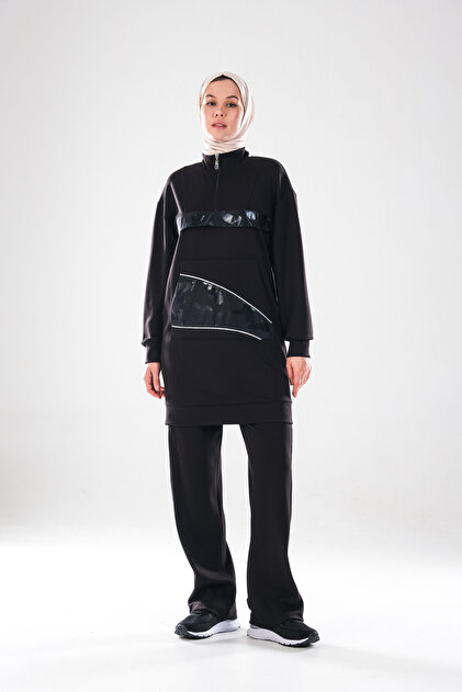 Women's Black Zippered High Collar Kangaroo Pocket Silver Piping Detailed, Hijab Sports Tracksuit Set _2280