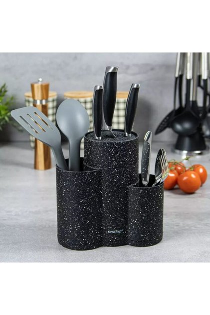 Suport ustensile bucatarie, 3 in 1, recipient cutite, tacamuri, polonice, negru,