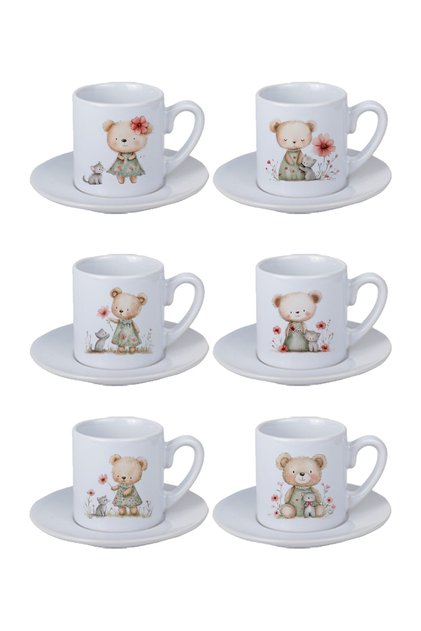 Cute Teddy Bear Printed 6-Piece White Porcelain Turkish Coffee Cup Set