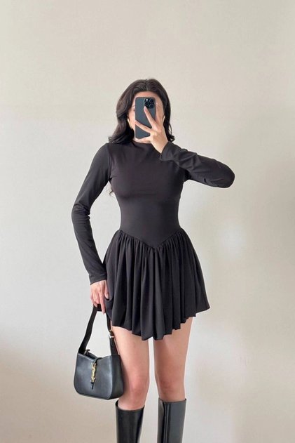 Women's Black Diver Fabric Balloon Dress 1041-2717
