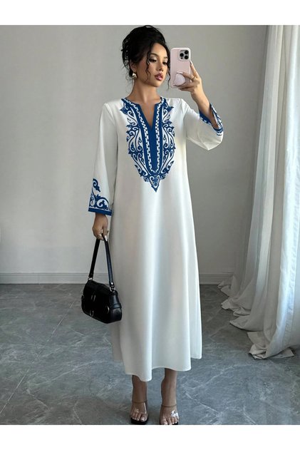 White Printed Panel Midi Dress