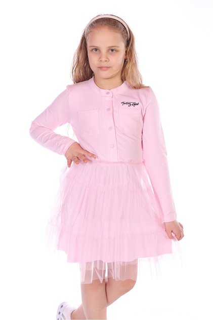Girls' Printed Relax Fit High Neck Buttoned Long Sleeve Tulle Dress - Pocket Detail