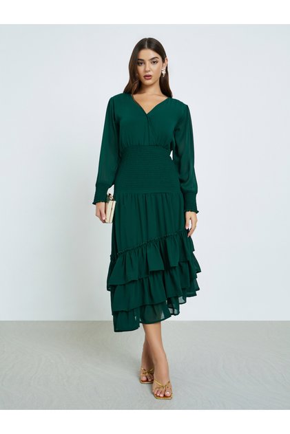 3 tiered dress in emarald green with Asymmetrical bottom