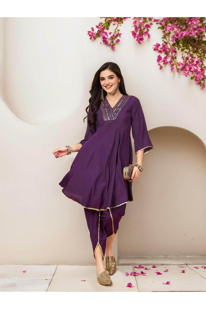 Purple Cotton Kurta with Pants Set