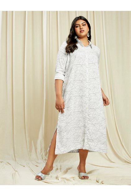 Plus Size White All Over Print Shirt Midi Dress