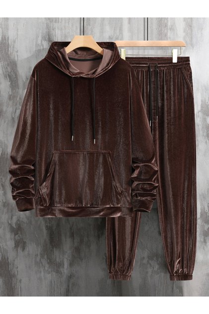 Men Brown Velvet Look Hoodie and Joggers Co-Ords