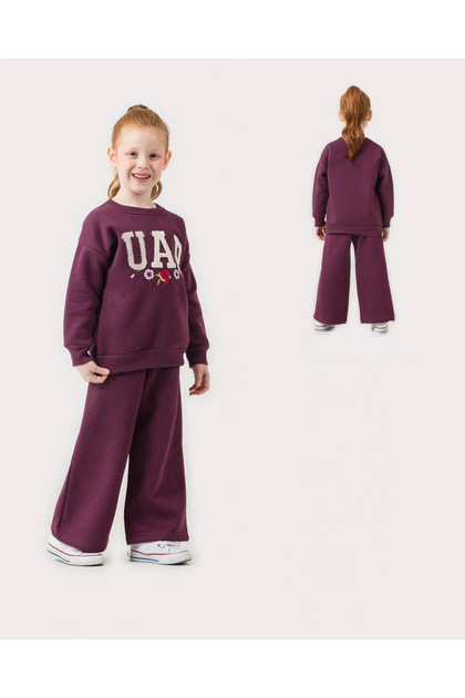 Girl's Purple Embroidery Detailed Sweatshirt and Wide Leg Sweatpants Set 1002