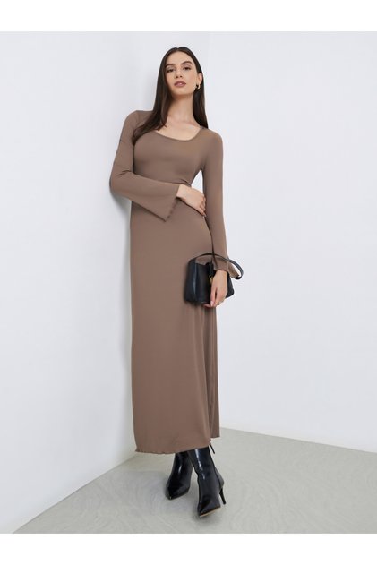 Brown Square Neck Ribbed Maxi Dress