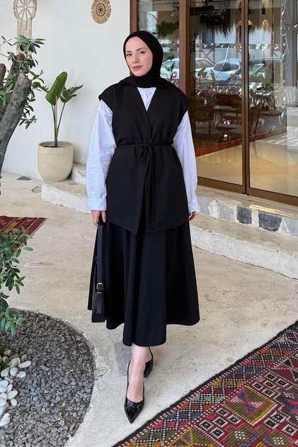 Costum Hijab din două piese vestă-fustă negru