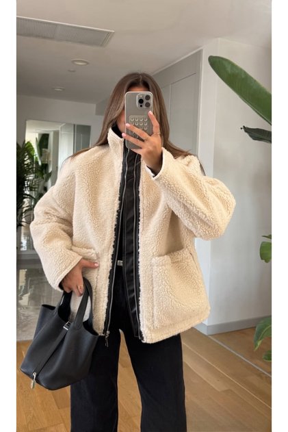Women's Ecru Plush Jacket with Leather Detailing