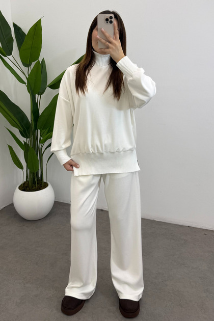 Women's Ecru Turtleneck Side Zipper Detailed Modal Suit