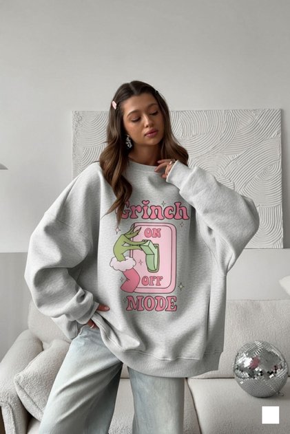 Kadın Oversize Sweatshirt Elbise Grinch Mode Baskılı Gri Melanj – Bisiklet Yaka, 3 İplik Polar