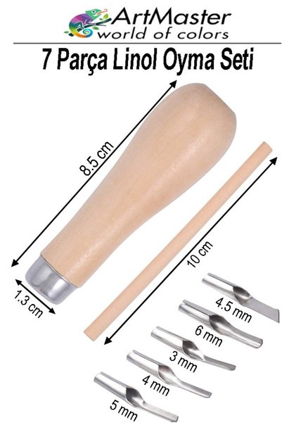 Linol Oyma Seti 7 Li 1 Paket Ahşap Saplı Linol Oyma Kesme Bıçak Seti 5 Bıçaklı 7 Parça Linolyum Bask