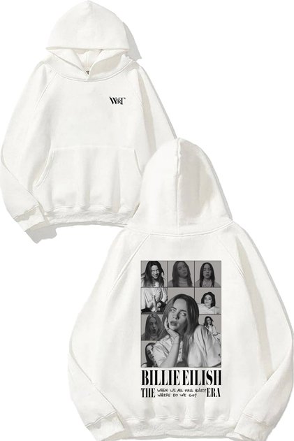 Billie Eilish 2 Design Back Printed White Hooded Sweatshirt