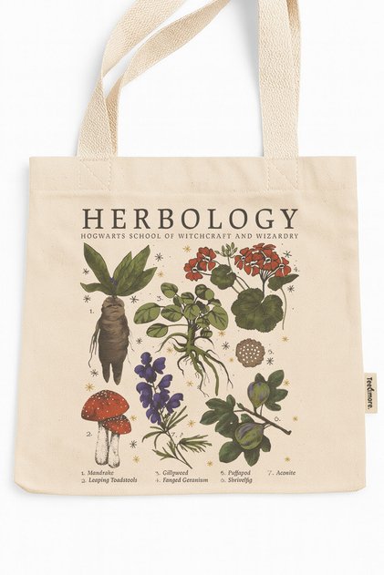 Hogwarts Herbology Printed Canvas Tote Bag with Velcro and Inner Pocket