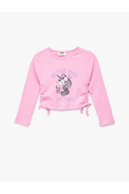 Unicorn Printed Long Sleeve Crew Neck Ribbed Crop T-Shirt