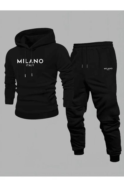 Erkek "Milano Italy" Yazılı Kapüşonlu Eşofman Takımı