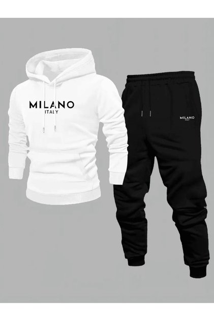 Erkek "Milano Italy" Yazılı Kapüşonlu Eşofman Takımı