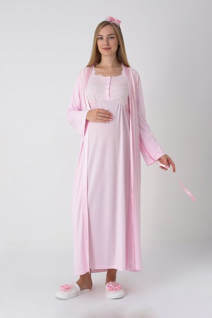 Maternity and Pregnancy Nightgown Set / Satin Stripe and Lace Detail / Satin Waist Belt