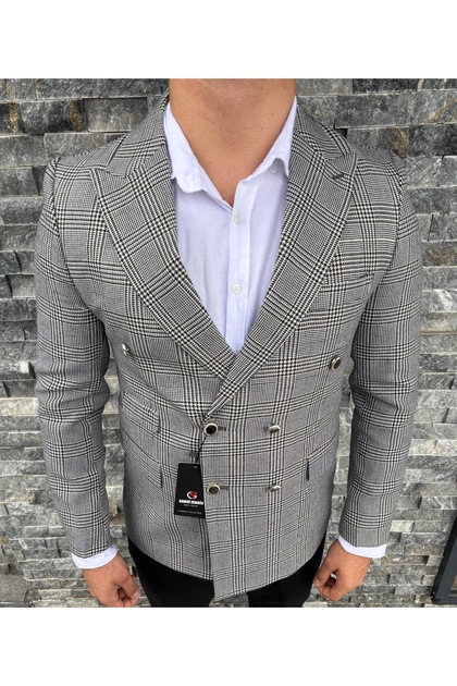 Men's Thick Fabric Slim Fit Plaid Double-Breasted Jacket