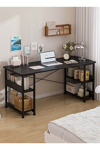 150cm Study Desk with Bookshelves, Carbon Fiber Desktop Gaming Table/Computer Desk, Home Office Desk
