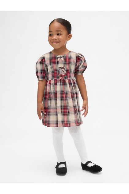 Kız Bebek Kırmızı Puff-Sleeve Fiyonk Elbise