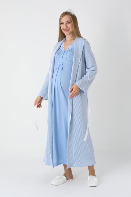 Maternity & Postpartum Nightgown and Robe Viscose Cotton Set / Jacquard Striped Long Robe