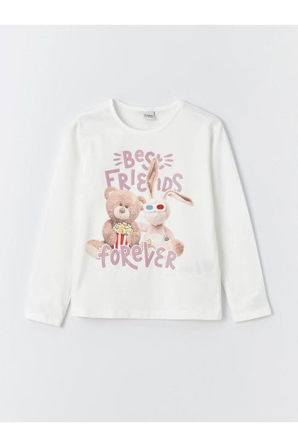 Lcw Kids Ecru Crew Neck Printed Long Sleeve Girls T-Shirt