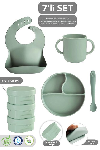7-Piece Silicone Feeding Set - Baby Bib Vacuum Plate Cup Teether Spoon Snack Bowl Green