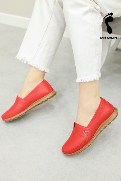 Hakiki Deri Kadın Günlük Casual Ayakkabı Kırmızı Slip-On Bağcıksız İçi Dışı Deri 864ZA101