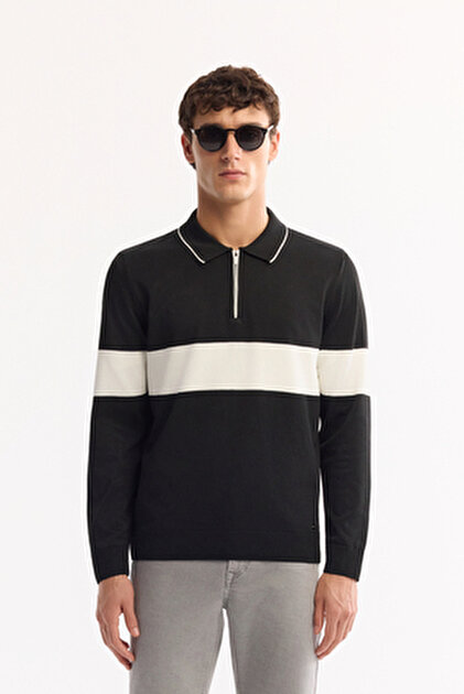 Avva Erkek Gri Polo Yaka Fermuarlı Çizgili Triko Regular Fit Kazak