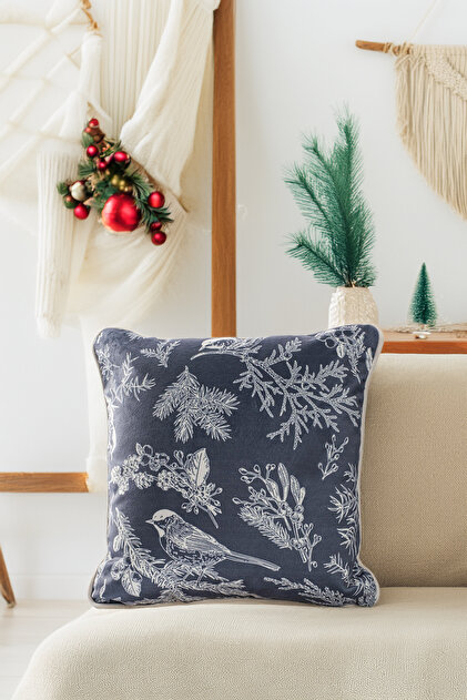 New Year Christmas Themed Gray Kokina Pine Cardinal Bird Patterned Gray Piped Throw Pillow Cover - Anthracite