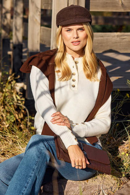 Stand Collar Button Detailed Wool Knit Sweater - Bone