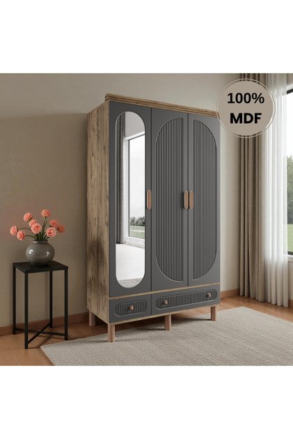 Comiet Sally 3 Kapaklı Aynalı MDF Çekmeceli Antrasit Gardırop