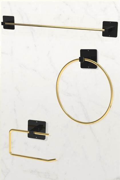 Adhesive Stainless Gold Long Towel Holder WC Paper Holder and Circle Towel Holder Bathroom Kitchen Set of 3