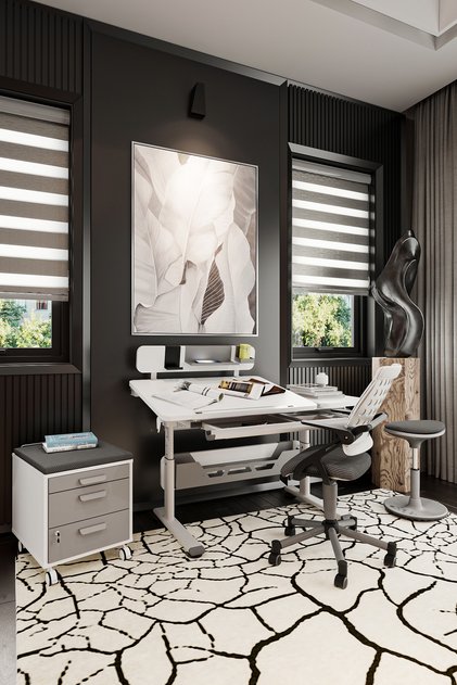 Vega Premium Yüksekliği Ayarlanabilir Çalışma Masası + Ofis Sandalyesi + Keson + Tabure - Beyaz/Gri